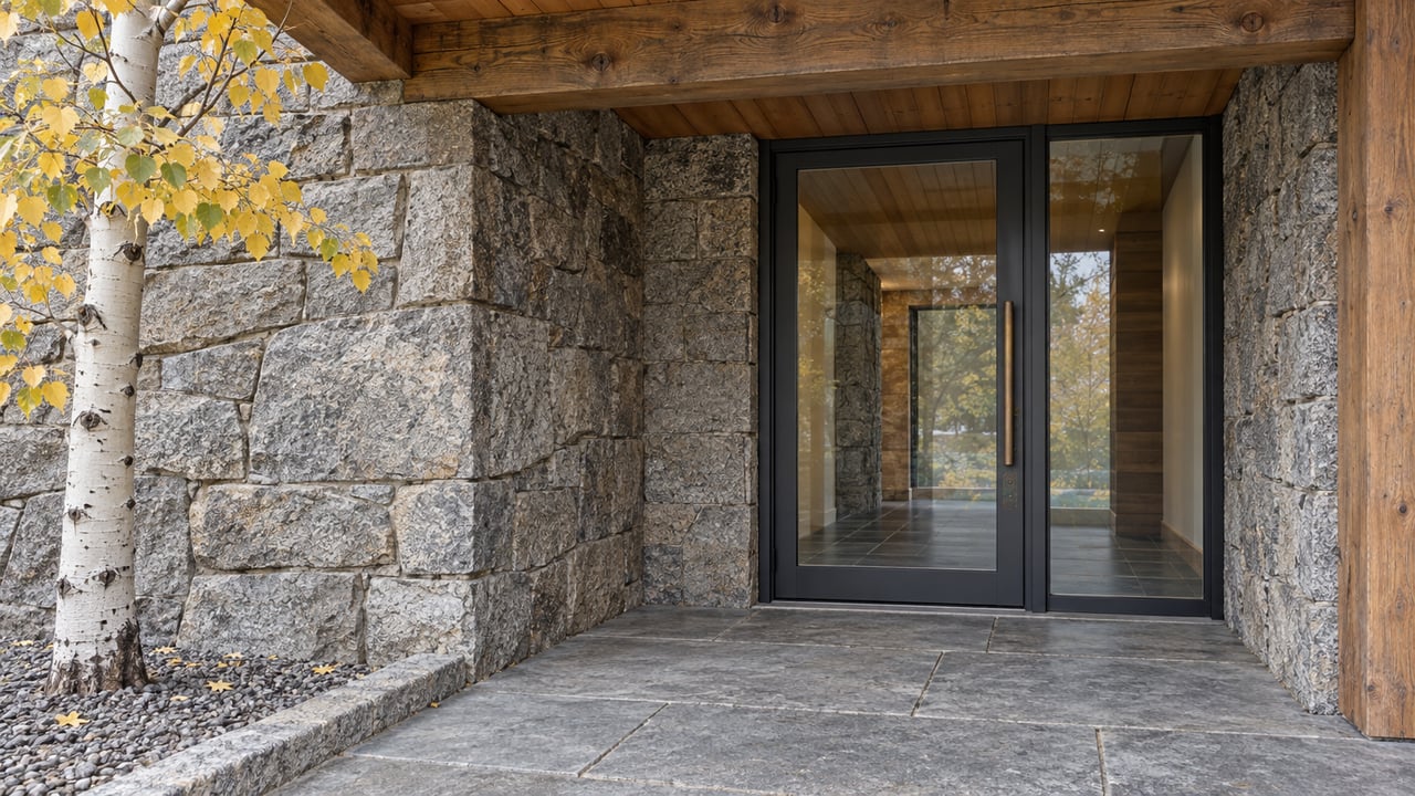 Timber-covered residential entry with a closed steel-framed glass door, gray granite walls and a stone landing beside a yellow-leaved aspen.