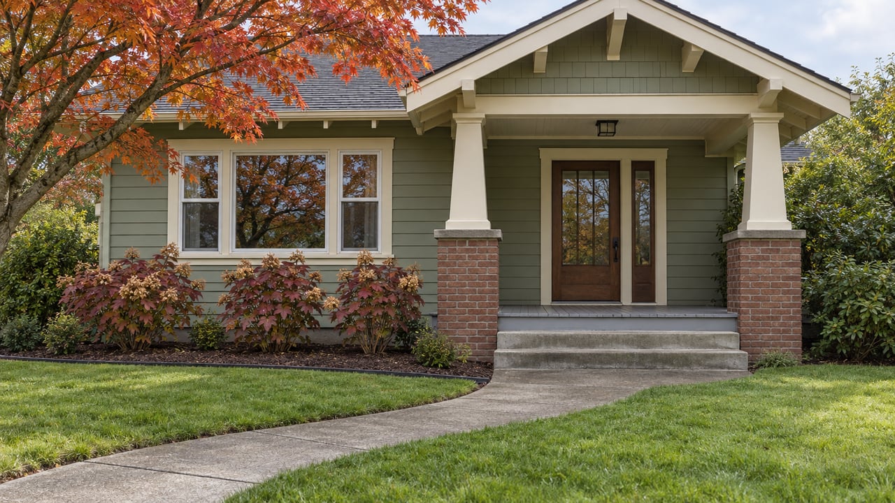 Sage wood-sided Craftsman house with a covered porch, deep green lawn and an orange-red Japanese maple in autumn daylight.