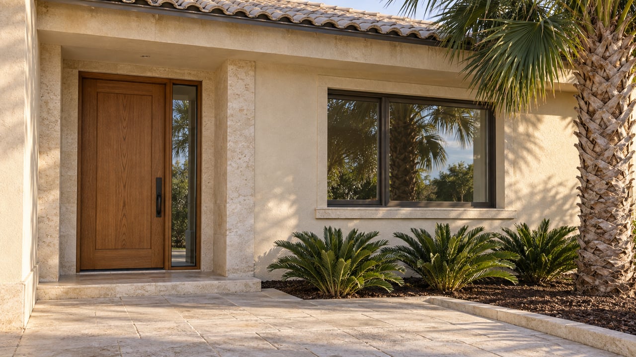 Recessed oak entrance and bronze-framed window in an ivory stucco villa, with limestone paving and a specimen palm.