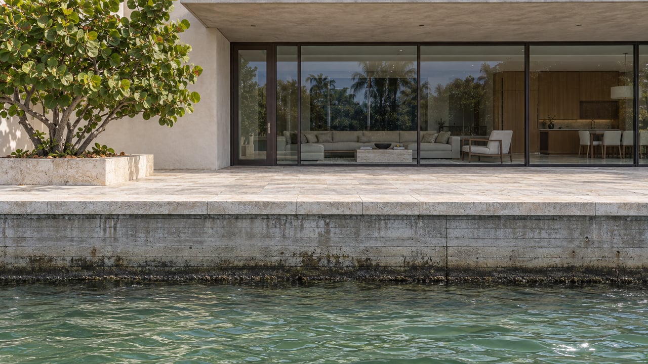 Waterfront house with a concrete retaining wall, limestone terrace, glazed living room, and a tree in a planter.