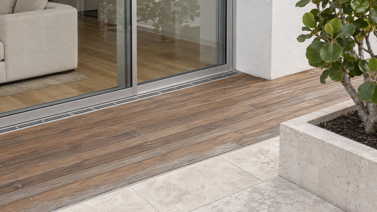 A condominium terrace with weathered teak decking, pale limestone paving, closed sliding glass doors and a sea grape tree in a raised stone planter.