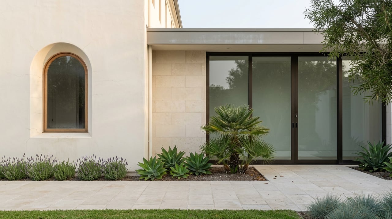 Coastal home with an arched stucco window beside a glass addition, joined by a limestone pilaster.