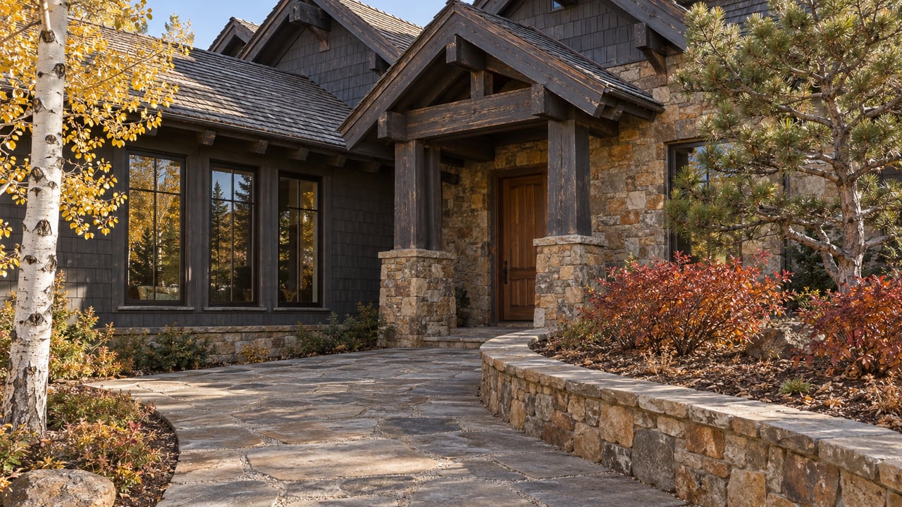 Autumn light on a stone-and-charcoal timber home with steep gables, tall windows and a curved sandstone entry beside golden aspen foliage.