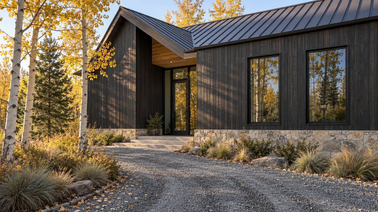 Charcoal timber mountain home with a recessed glass entry, gravel approach, white-trunk aspens, and golden leaves.