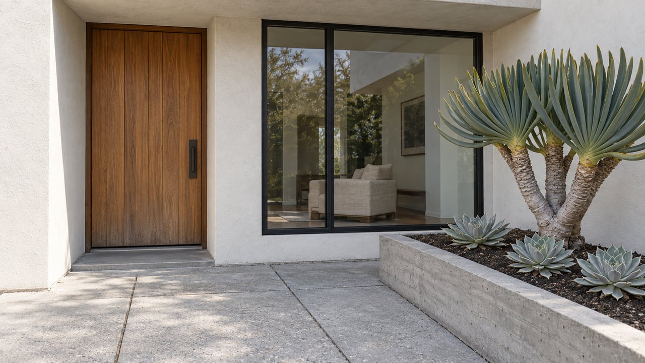 Sunlit ivory stucco frontage with a recessed cedar door, black-framed window, concrete approach, and sculptural succulents in a raised planter.