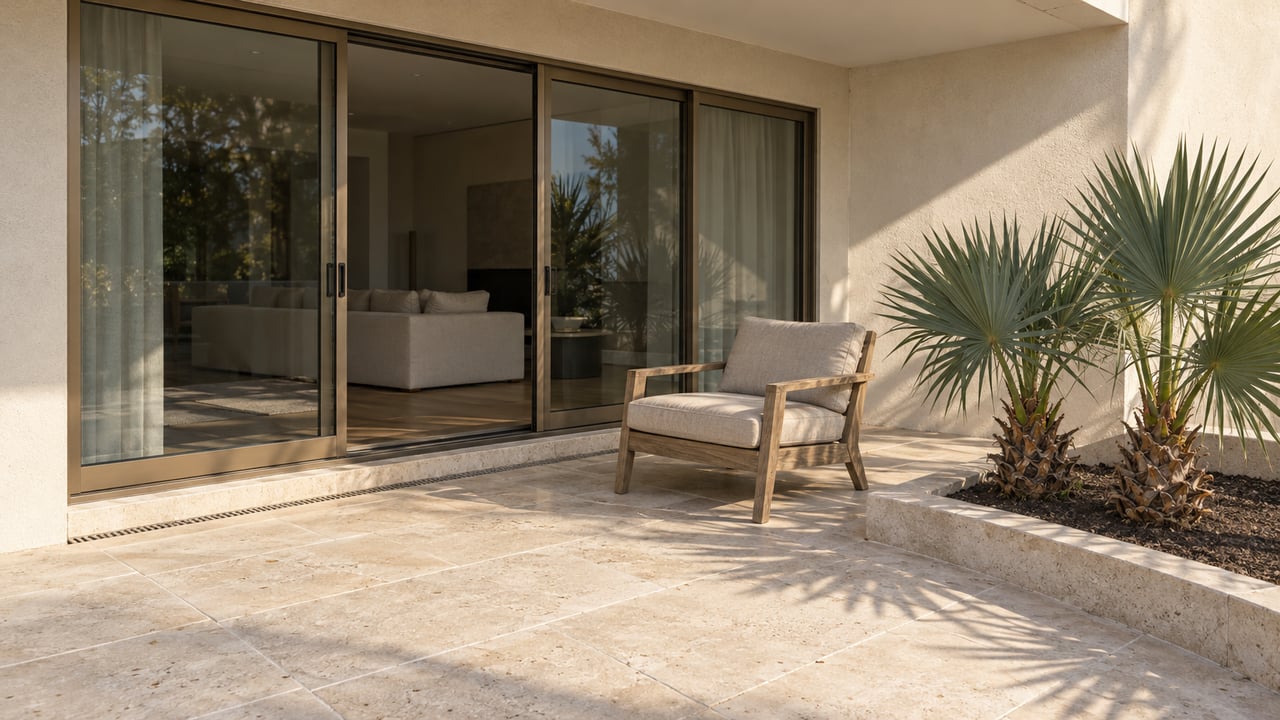 Covered residential terrace with shell limestone paving, a weathered teak lounge chair, bronze-framed glass doors, and two dwarf palmettos in a raised stone-edged bed.