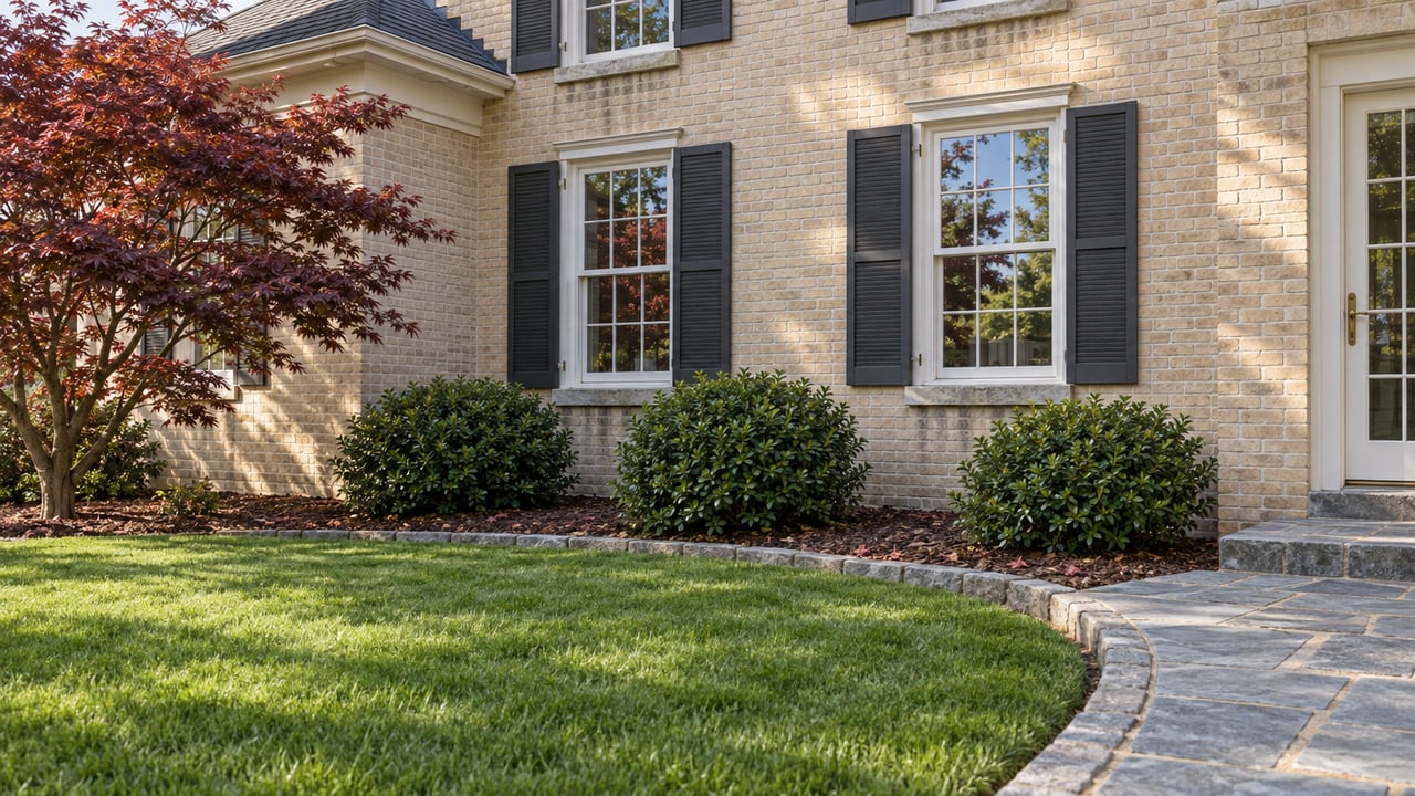 Pale brick home with white sash windows, charcoal shutters, a curved stone walk, and a burgundy Japanese maple beside a broad lawn.