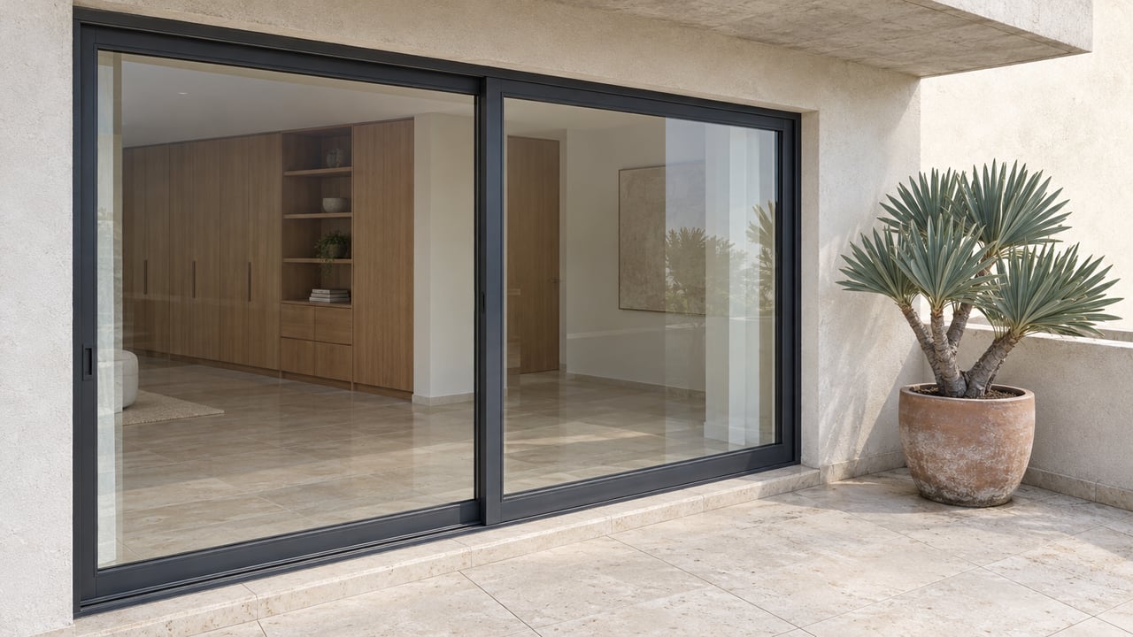 Closed charcoal-framed glass doors open visually onto a bright room above pale terrace tiles, beside a terracotta planter holding a sculptural fan aloe.