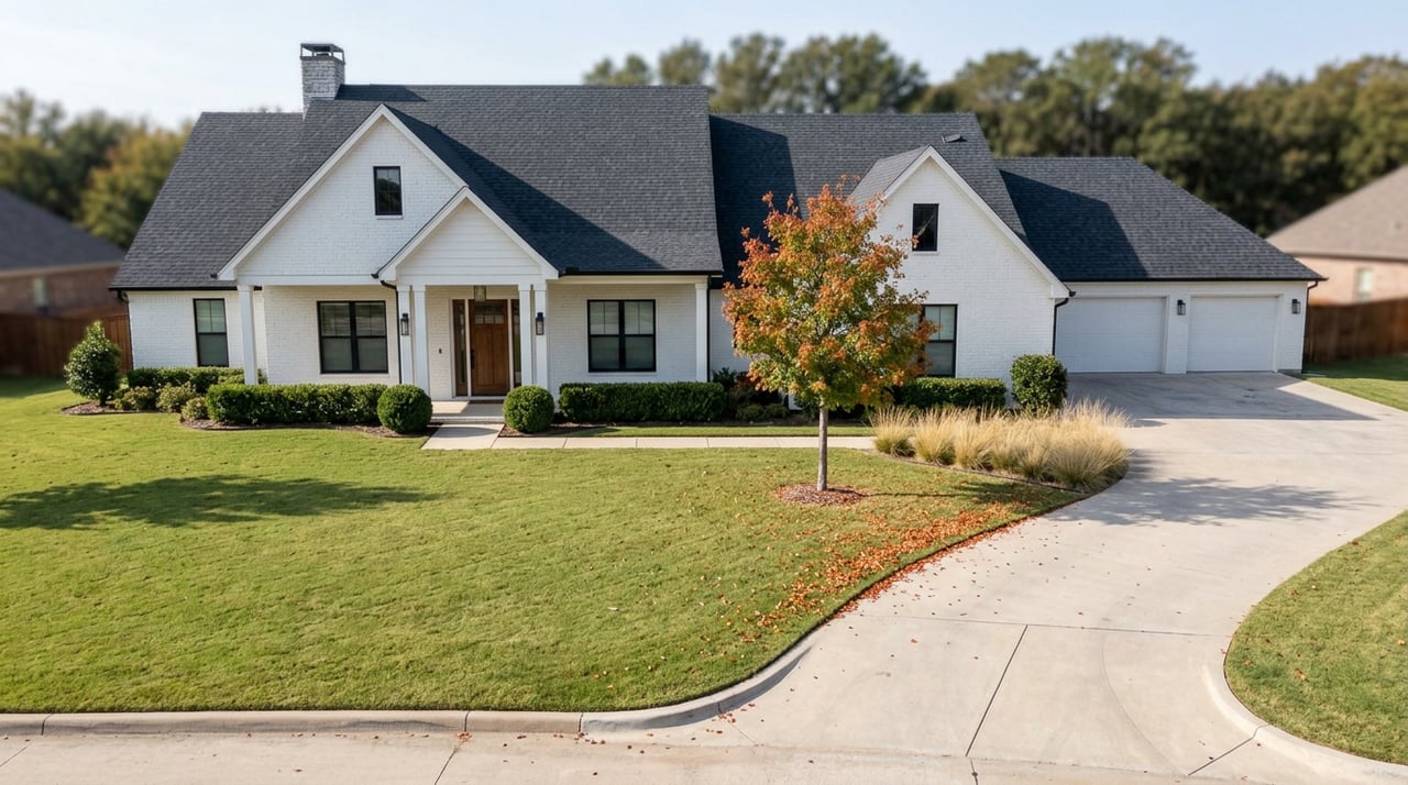 White-brick suburban home with dark gabled roof, circular concrete driveway, and orange-red tree in lawn.