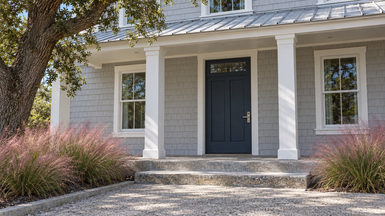 Pale gray shingled home with a navy front door, white porch columns, concrete steps and pink muhly grass beneath a spreading live oak.