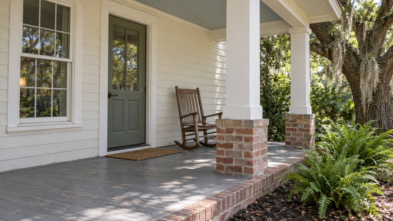Cream clapboard porch with a gray-green glazed front door, wooden rocking chair, brick edging and a mature live oak beside a fern bed.