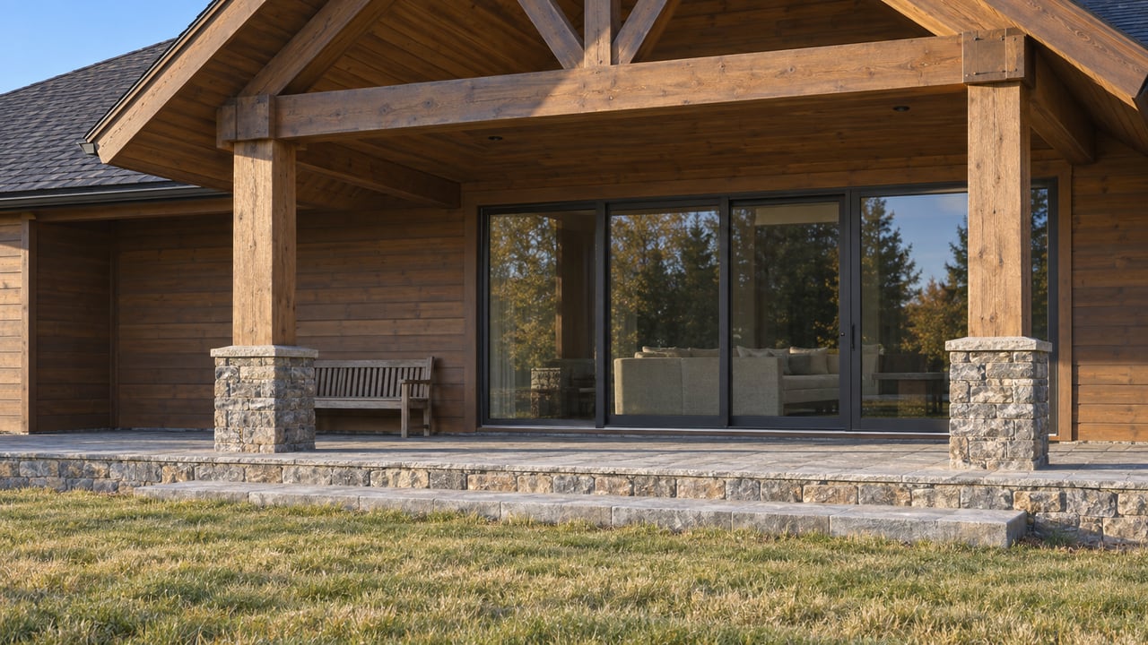 Timber lodge terrace with stone columns, dark-framed glazing and an open autumn lawn in afternoon light.