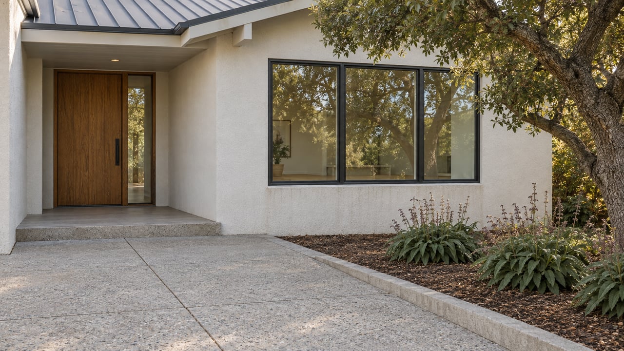 Off-white single-story home with an oak entry door, dark-framed window, broad concrete approach and a mature live oak beside a planted bed.