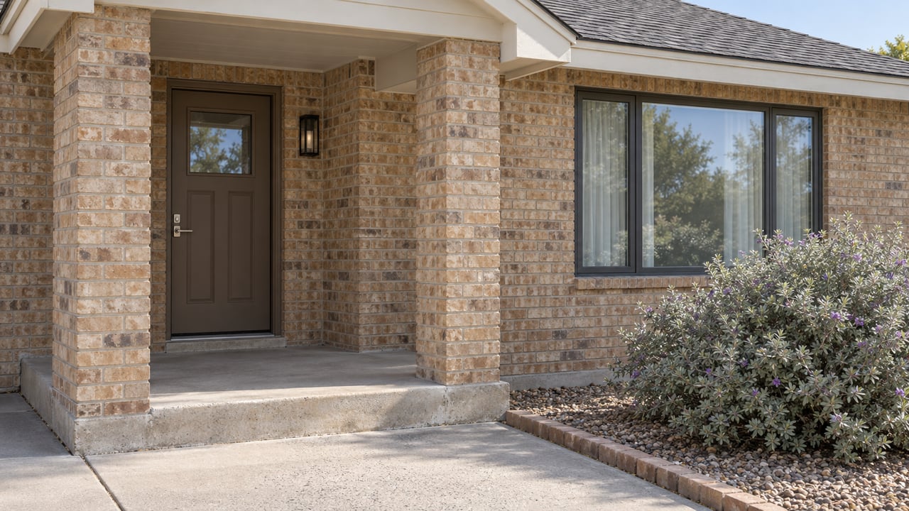Buff brick home with a covered entry, brown front door, charcoal-framed window and silver-leaved flowering shrub beside the concrete approach.