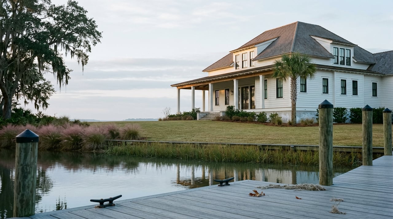 White waterfront home beyond a lawn, framed by a moss-draped live oak, with a dock in the foreground.