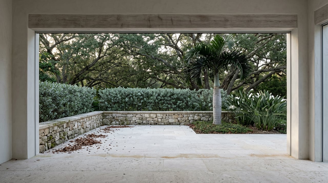 Shaded loggia opens onto a stone terrace with a fieldstone wall, silver-green hedge, palm, and broad-leaved plants.