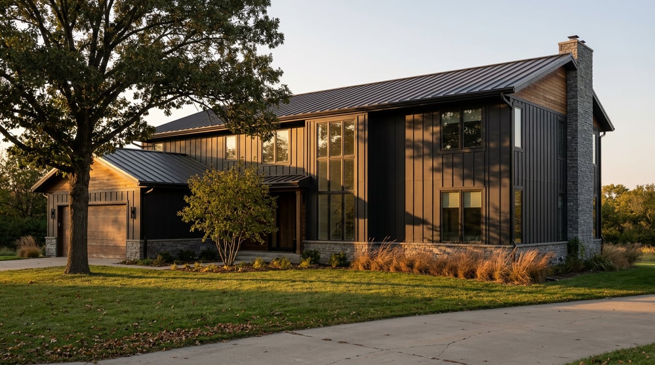 Two-story black-sided home with walnut accents and stone chimney, framed by a broad oak in warm evening light.