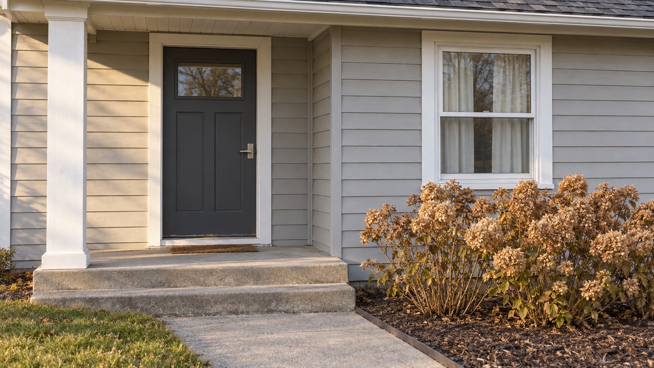 Late-afternoon light on a gray front door, pale siding and weathered concrete steps beside dried hydrangea flowers.