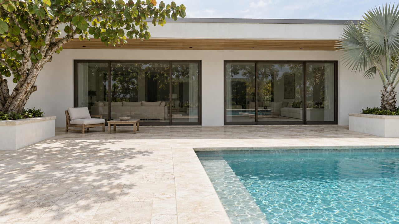 White contemporary home with bronze-framed glass doors, a limestone pool terrace, and two sculptural tropical specimen trees.