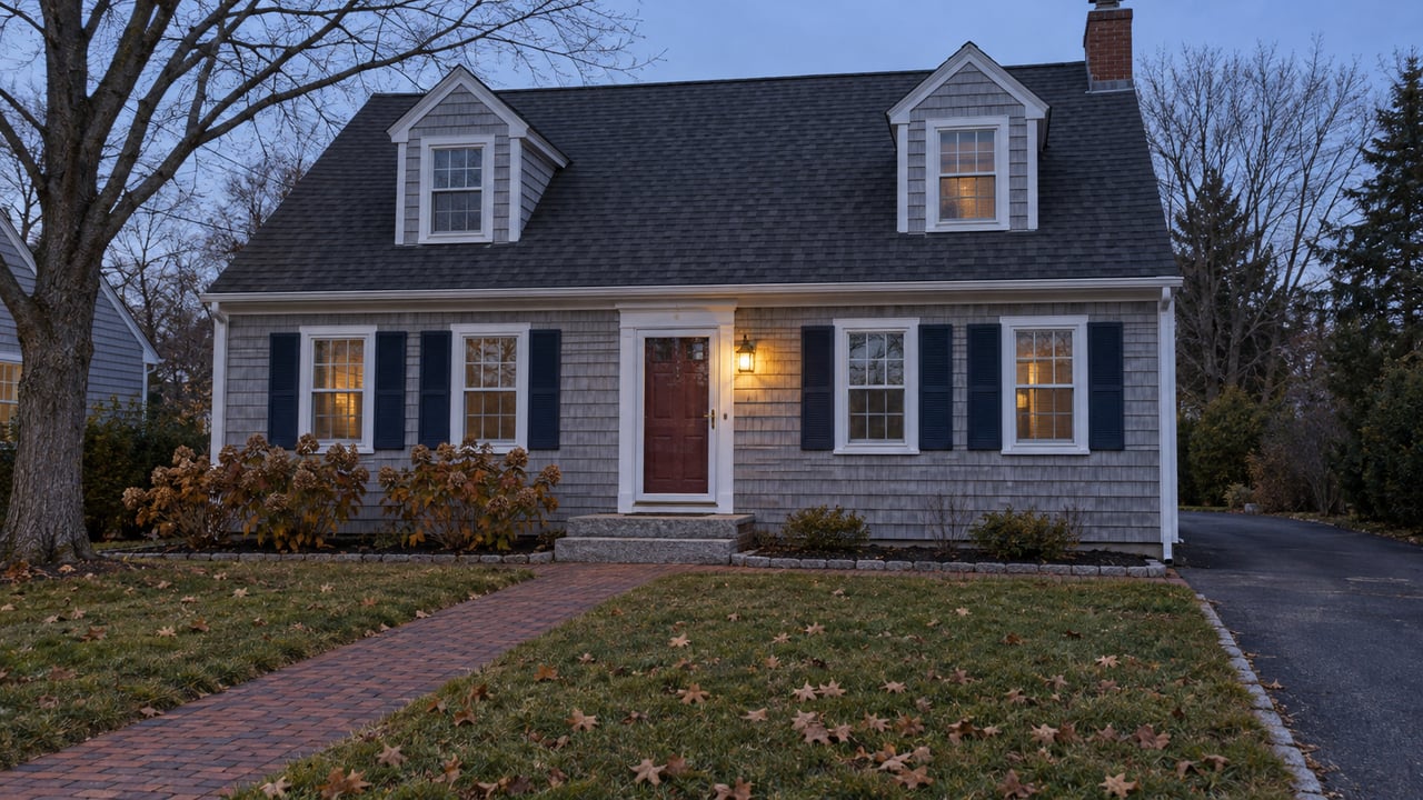 A cedar-shingled home with dormers, a brick walk, and a warm entry light at blue hour, framed by a bare maple and a deep autumn lawn.