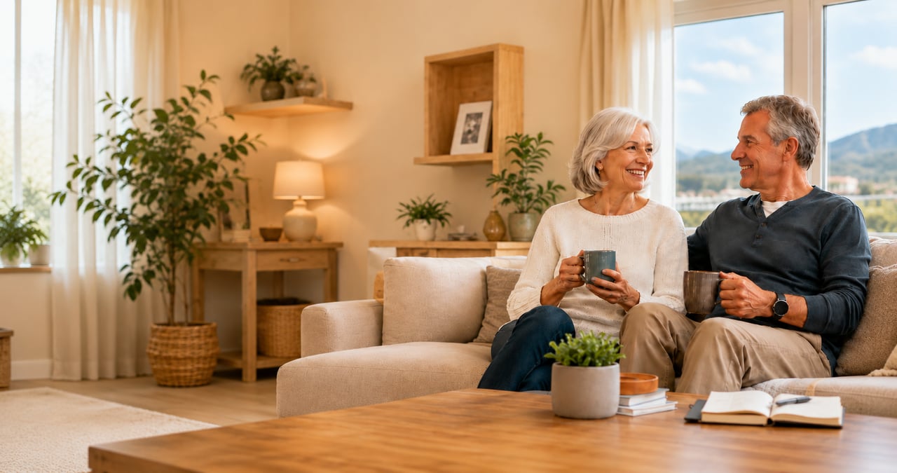 Smiling retired couple enjoying coffee in a cozy living room while considering downsizing