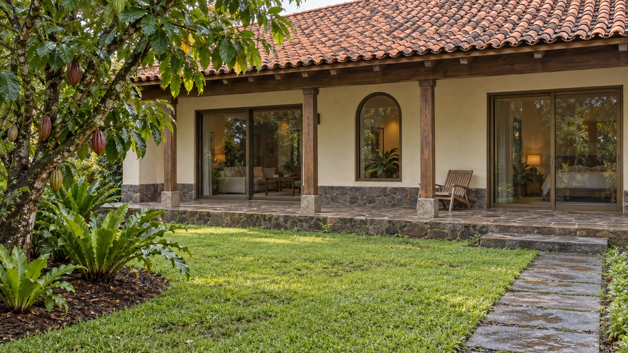 Clay-tile and lime-plaster home with a sheltered stone verandah, timber posts, and a cacao tree beside a deep green lawn.