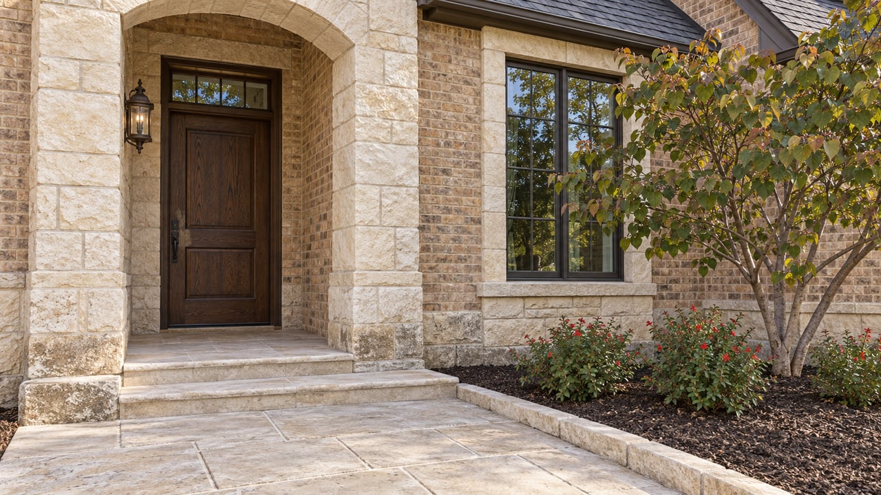 Buff-brick home entrance with a dark oak door, limestone approach and a branching redbud beside a bronze-framed window.