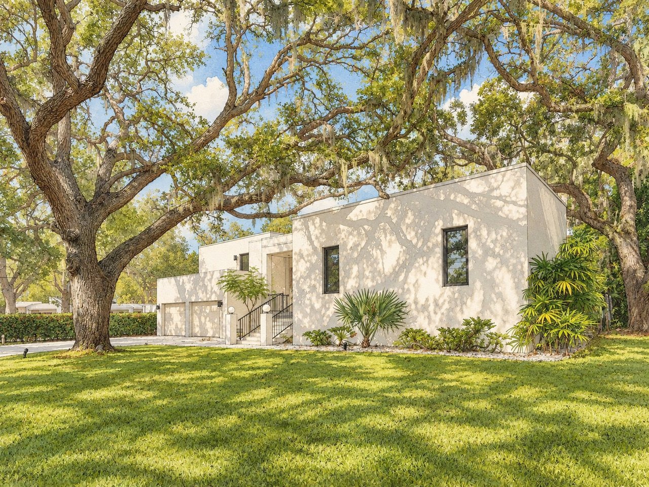 Modern white stucco home beneath mature trees, with front steps and a broad lawn.