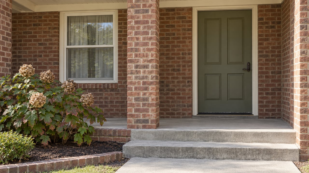 A shaded brick-home entrance with an olive door, cream window frames, concrete steps, and an oakleaf hydrangea.