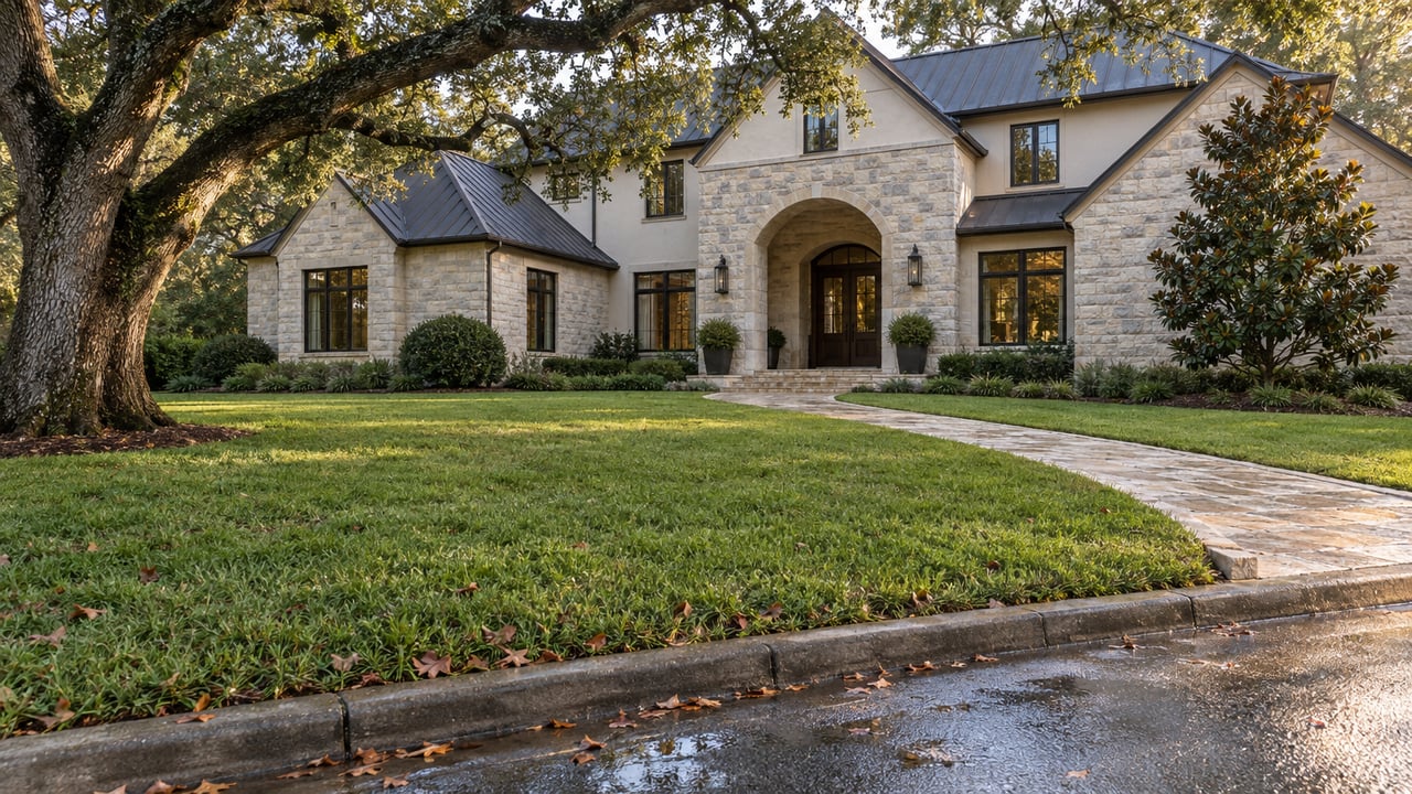 Large limestone-and-stucco house behind a broad lawn, with an arched entry and mature live oak.