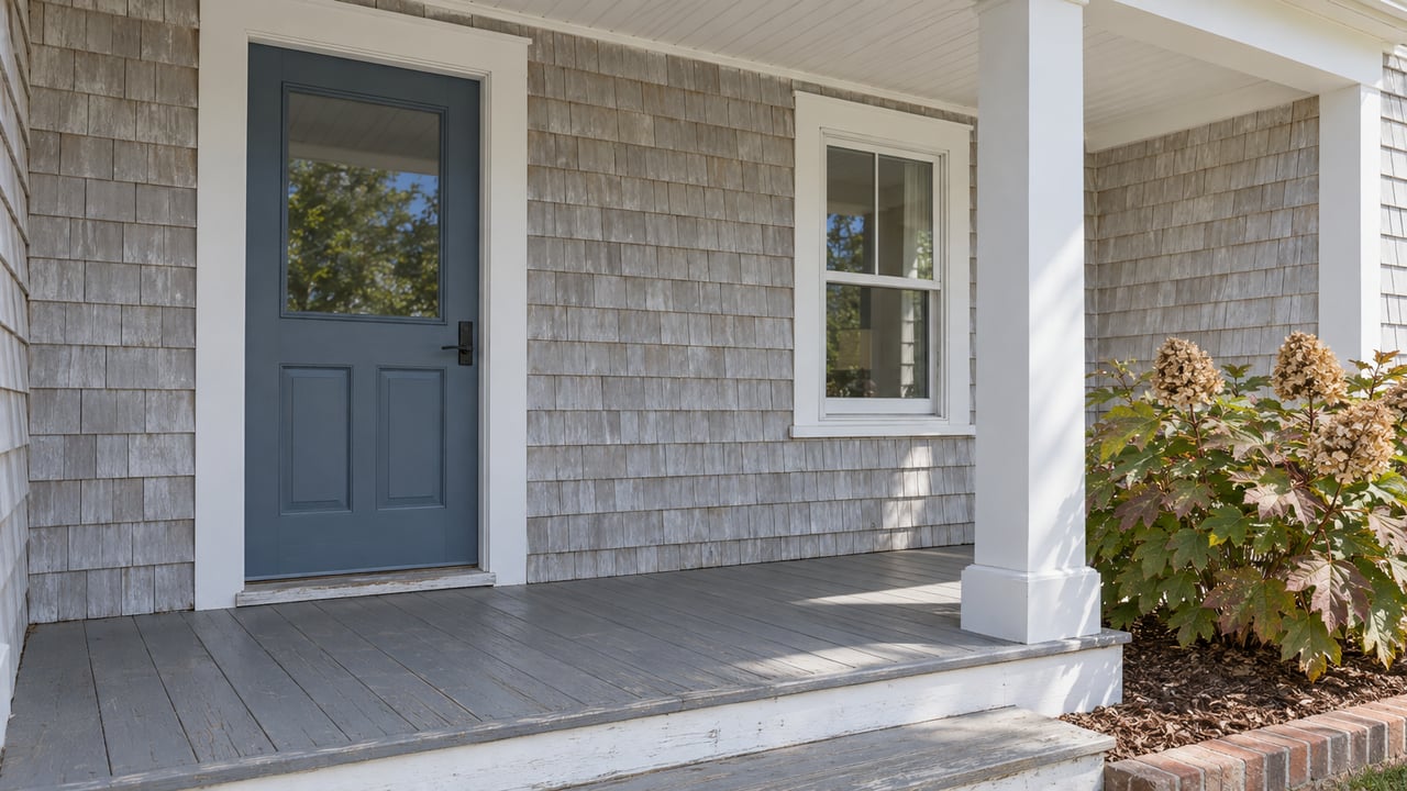 Blue front door and white-trimmed window on a gray cedar-shingle house, with worn painted porch boards and an oakleaf hydrangea beside the step.