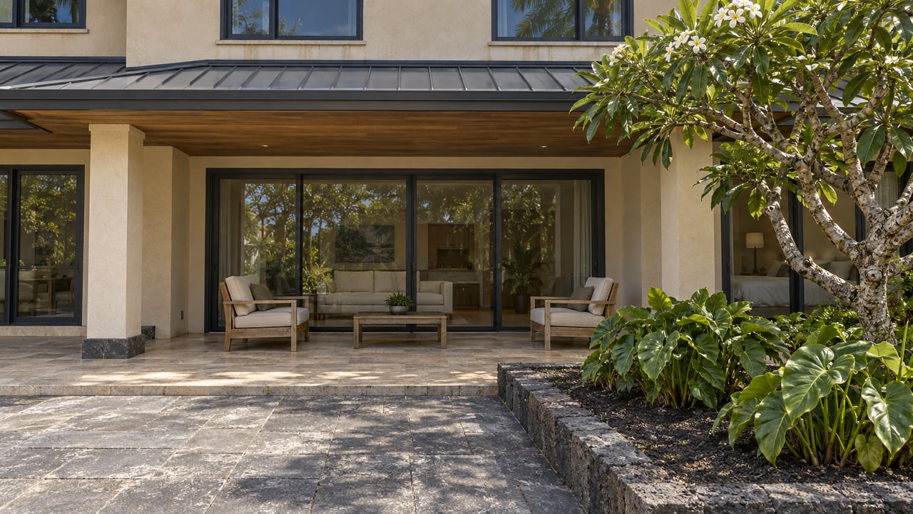 Sand-toned condominium exterior with a shaded stone lanai, teak chairs, dark sliding glass doors and a flowering plumeria beside a basalt-edged garden.