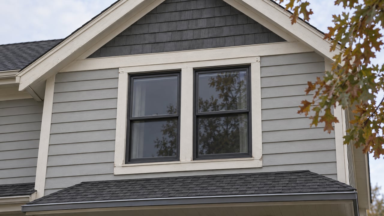 Close view of a pale-gray home's gable, charcoal shingles and paired windows beside autumn white oak leaves.