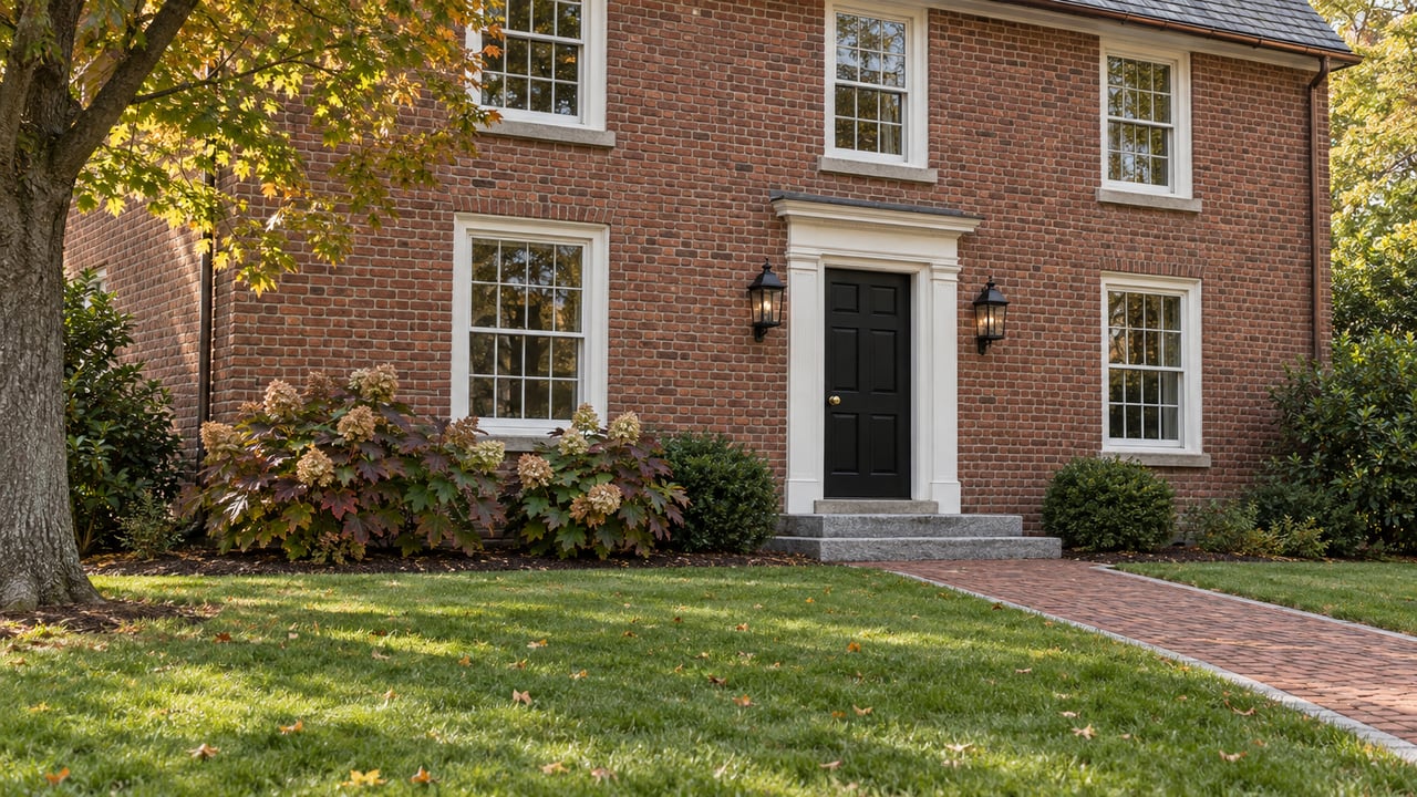 Red-brick home across a deep green lawn, with white sash windows, a black front door, granite steps and an autumn maple.
