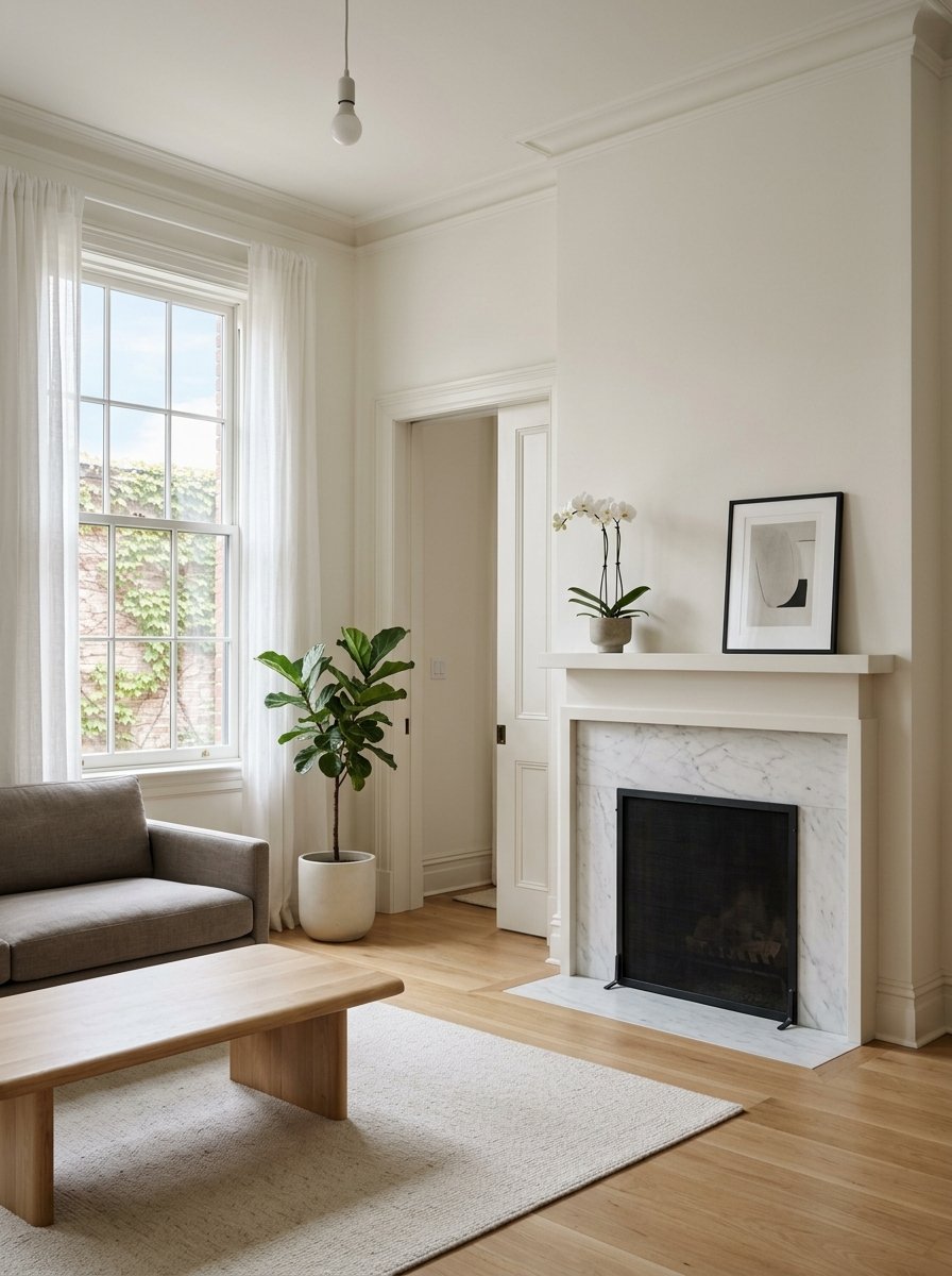 Historic rowhome parlor with plaster millwork, a Calacatta fireplace, oak floors, and sheer linen curtains.