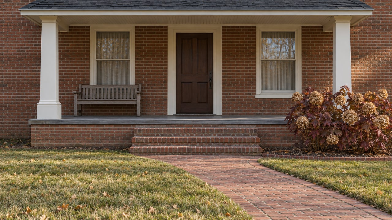 Autumn morning light on a brick home's broad front steps, ivory porch columns, and brick path through a deep lawn.