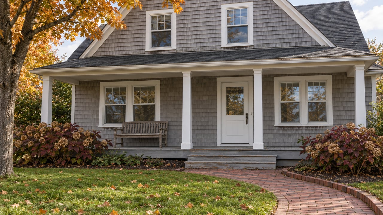 Gray-shingled home with a white-trimmed porch, brick garden walk and amber autumn maple.