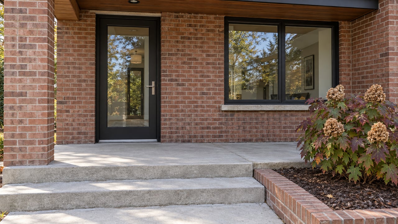 Brick home entry with black-framed glazing, a wood porch soffit, pale concrete steps, and an oakleaf hydrangea in an edged planting bed.
