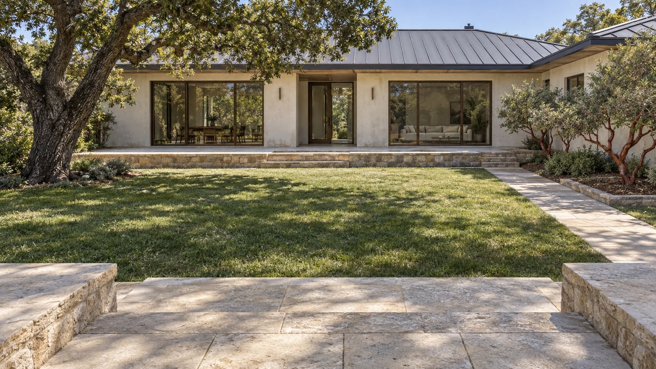 Deep backyard lawn leading to a limewashed home with bronze-framed glazing, limestone terraces, a mature oak and sculptural manzanitas.