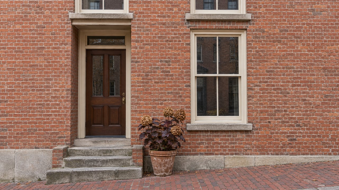 A wood entrance and tall sash windows in a weathered brick home, with limestone steps meeting a sloping brick sidewalk.