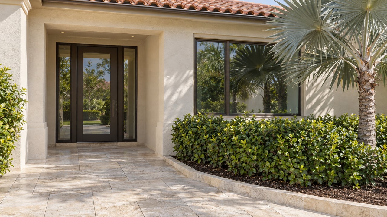 Cream stucco estate entrance with bronze-framed glazing, pale limestone paving, and a silver fan palm in a raised planting bed.