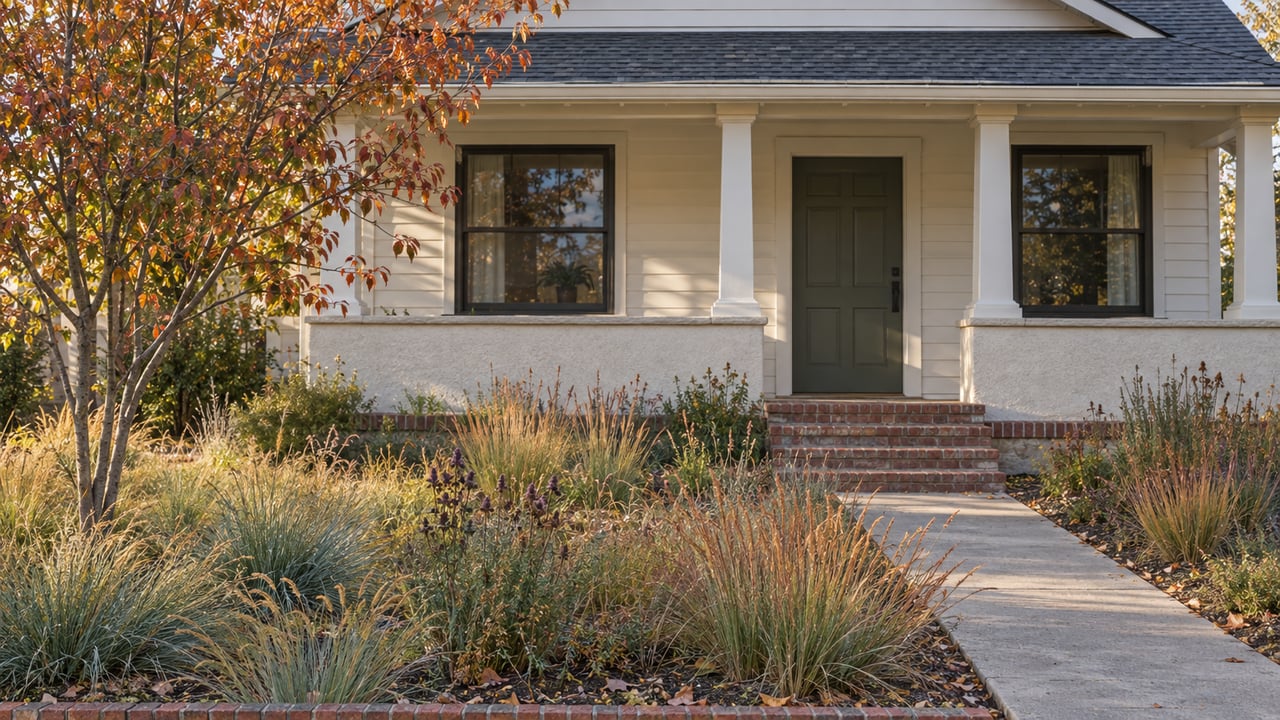 Front garden with clumps of prairie grasses and purple flowers beside a narrow path to a porch.