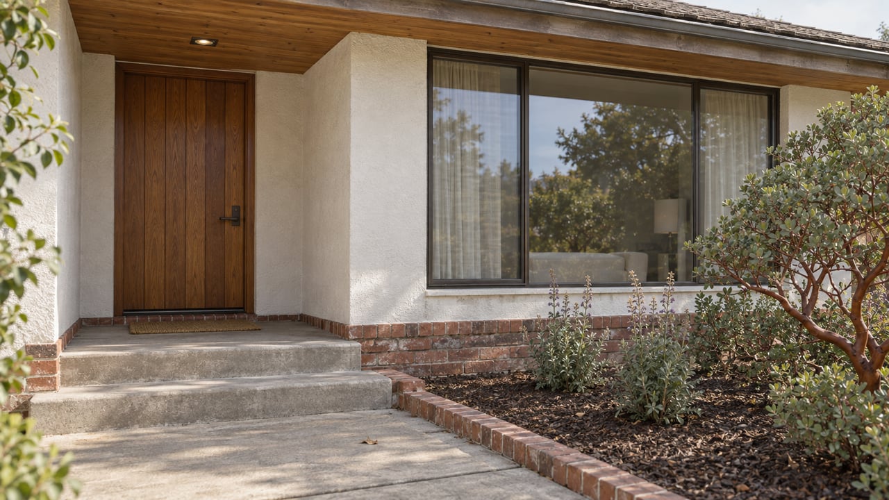 Warm-white stucco home with a recessed oak front door, timber eaves, broad living-room window and manzanita beside brick-edged concrete steps.
