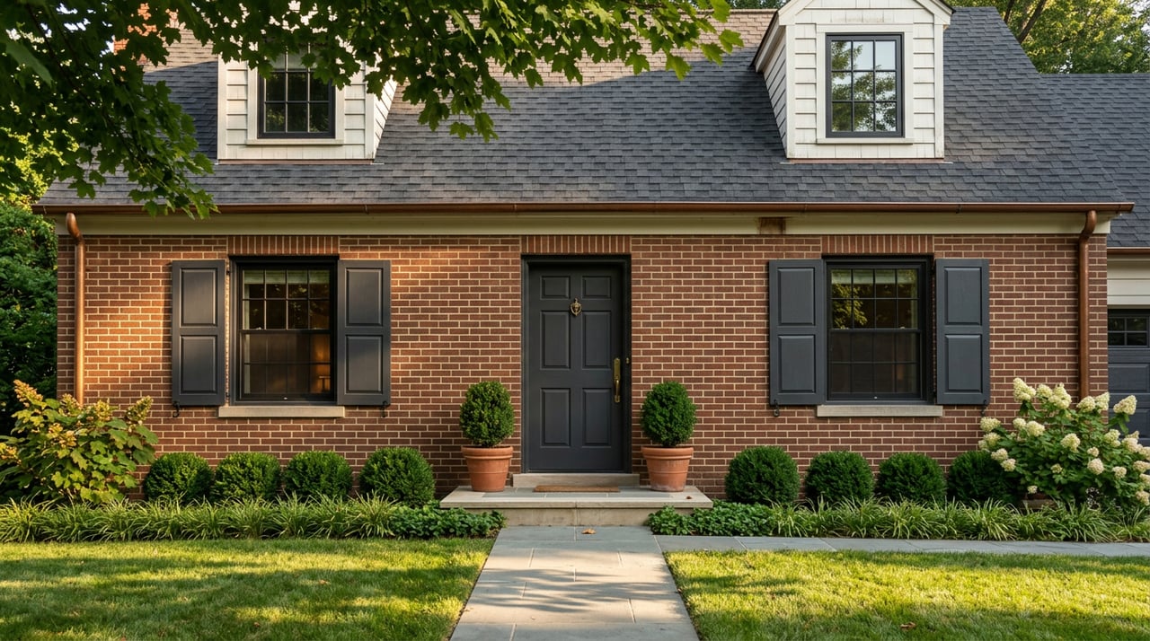 Symmetrical red-brown brick Cape Cod with charcoal shutters, twin dormers, and a centered door beneath leafy canopy.