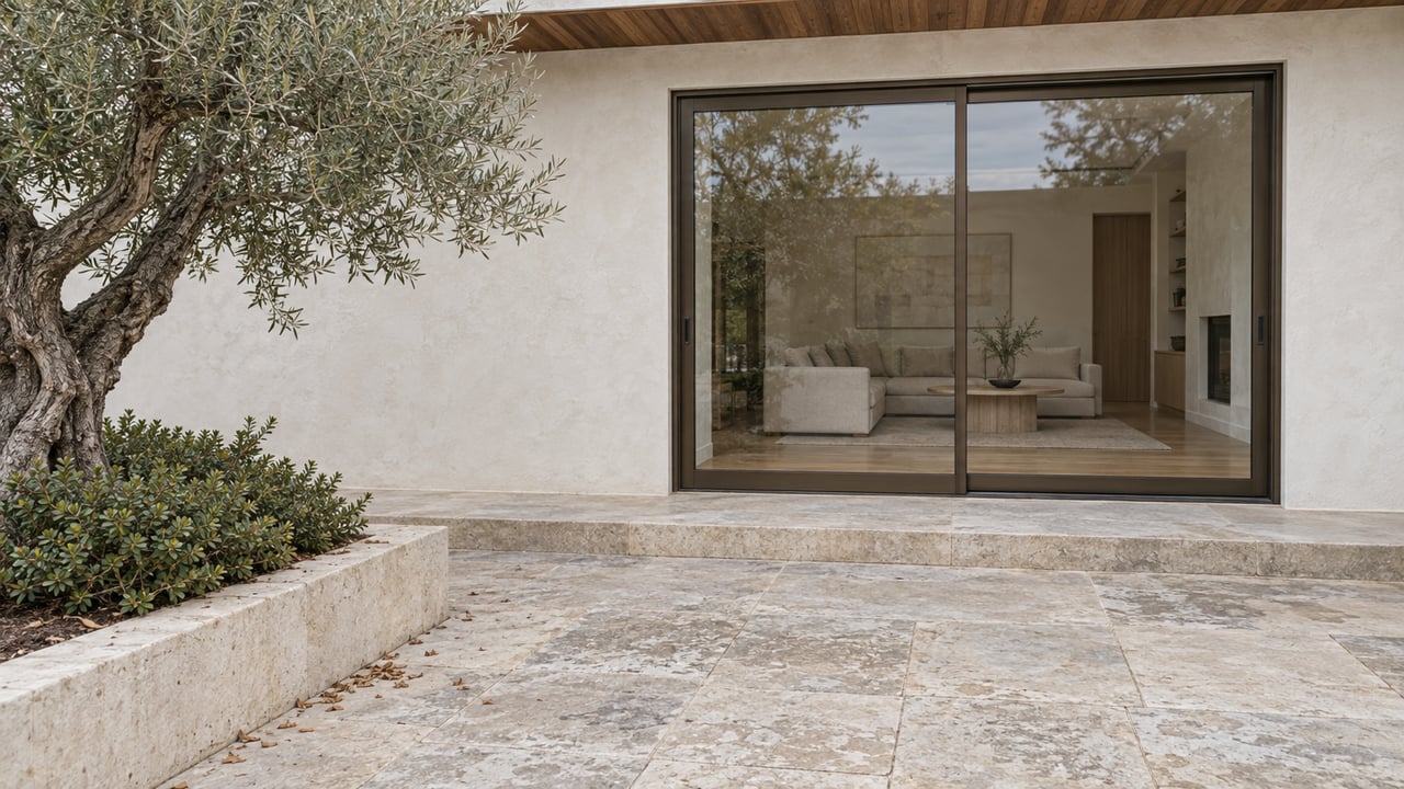 Limestone courtyard beside a limewashed house, with bronze sliding doors and an olive tree at the edge.