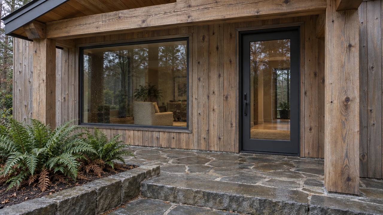 Covered cedar entry with closed glass door, broad window, weathered stone steps and two sword ferns in a bordered planting bed.