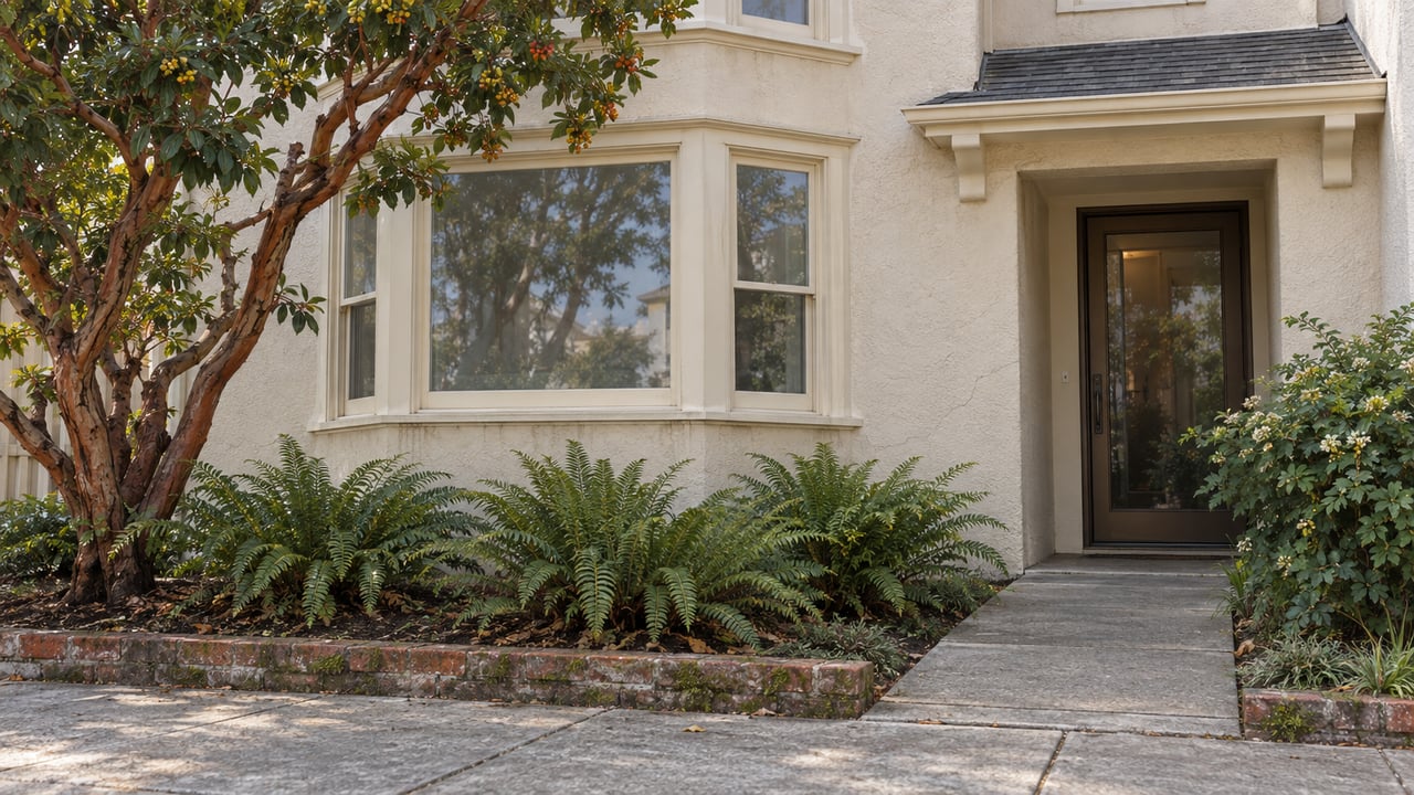 Ivory stucco house with a projecting bay window, glazed entry, and twisting cinnamon-barked tree beside the walk.