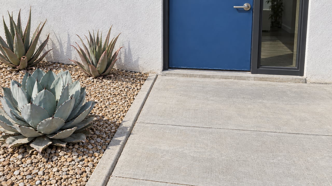 Close view of a blue entry door, dark-framed sidelight and white stucco, beside blue-gray agave and aloe in a curbed gravel bed.