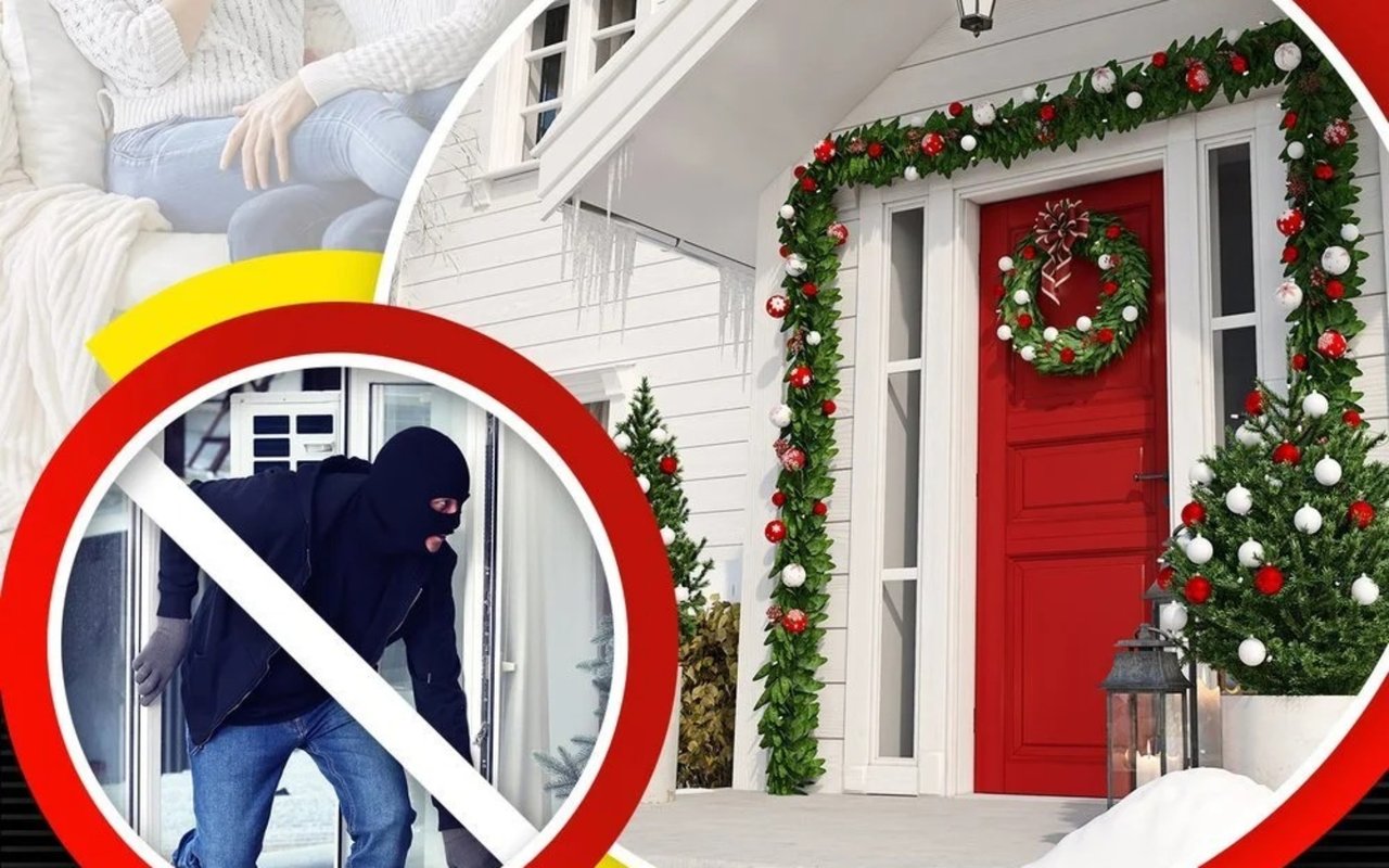 Holiday-decorated house beside a crossed-out image of a masked burglar entering a window.
