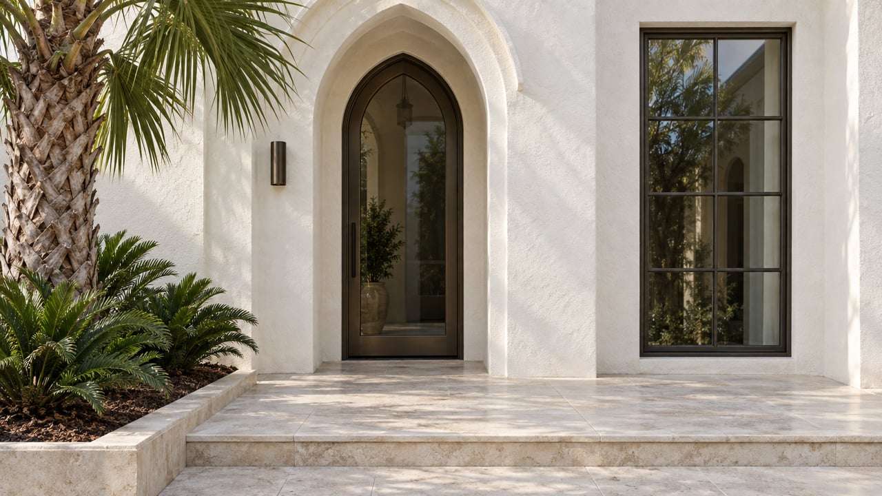 White stucco home entrance with a pointed bronze-framed glazed door, tall grid window and pale limestone steps beside a specimen palm.